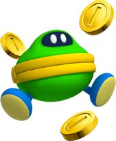 Mario character coin coffer surrounded by coins. 