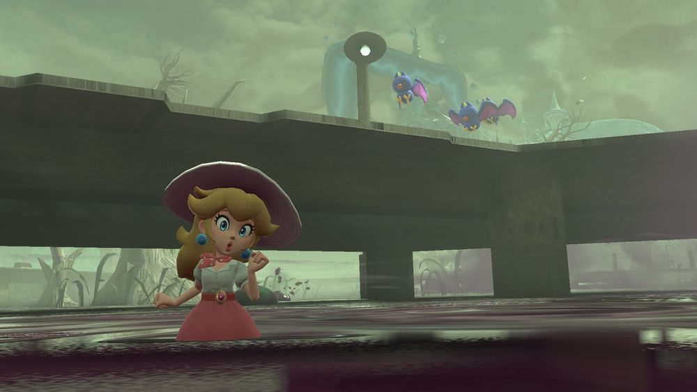 Princess peach in a vacation outfit knee deep in mud under banshee boardwalk. Dead trees and bats in the distance. 