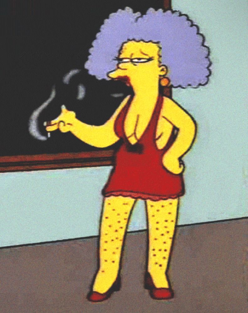 Selma from the simpsons wearing a red dress and red high heels smoking a cigarette with bare hairy legs. 