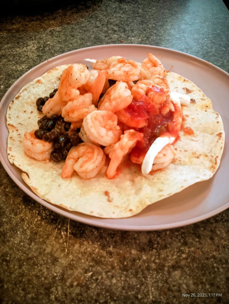 Soft taco with like 30 jumbo shrimp