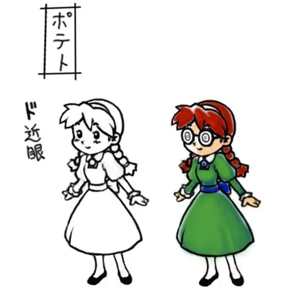 concept art for the character "potato". she has a green dress with a white collar, blue circle button thing under the collar, and a blue ribbon around her waist. she has red hair with a pair of braids from the back of her head and these ditsy pair of glasses