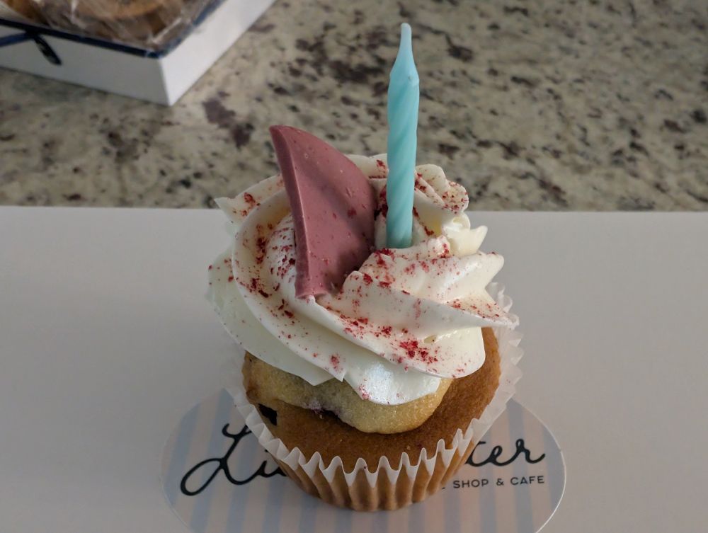 Birthday cupcake topped with a candle. 