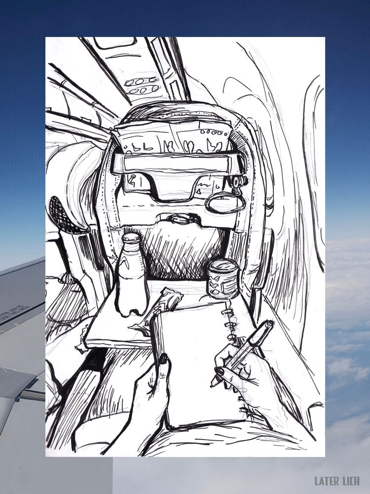 Pen drawing of the point of view from an aeroplane seat. 