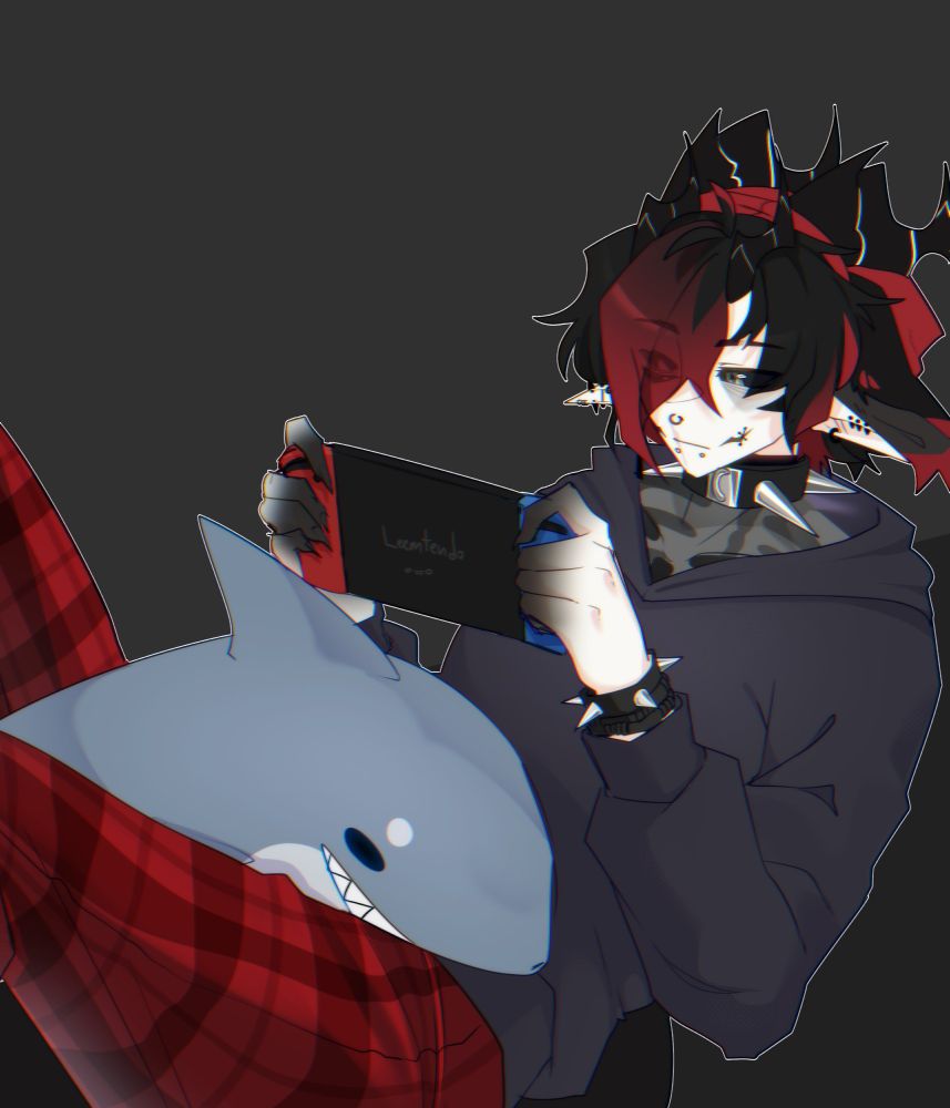 character just vibing, playing on a switch with a shark between legs