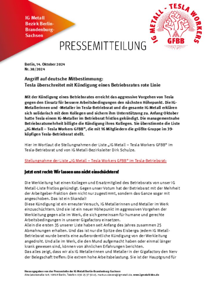 Angriff auf Mitbestimmung: Tesla überschreitet mit Kündigung eines Betriebsrates rote Linie