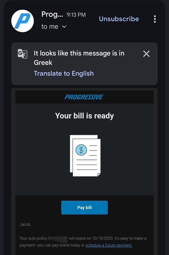 gmail offering to translate my car insurance bill from the original greek