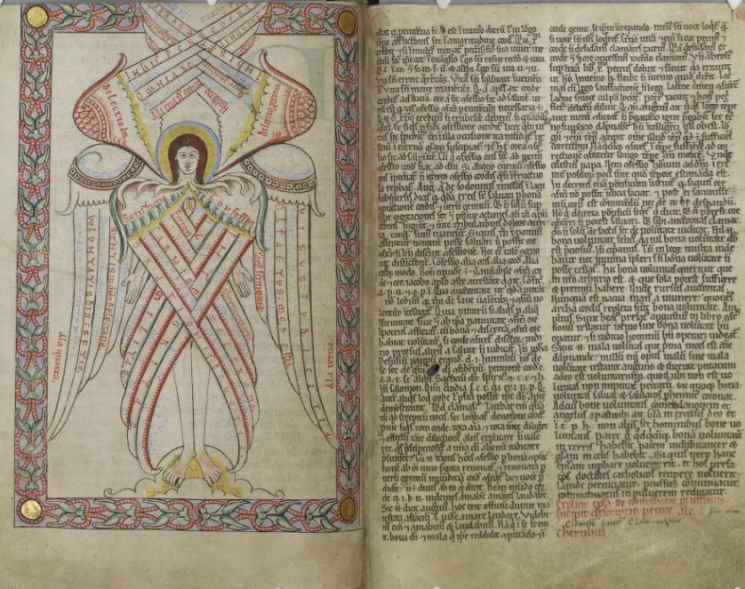 Opening from a medieval manuscript (Cambridge, Corpus Christi College MS 66, p. 100) with text on the right, and a painting of a six-winged angel on the left. Small-headed angel has bare feet and legs, and all six wings spread in pairs; first two as a modesty shield, second two at the side, and last pair of two wings over the head. A border with floral motif surrounds the angel, and contains four golden circles, one at each corner of the frame. 