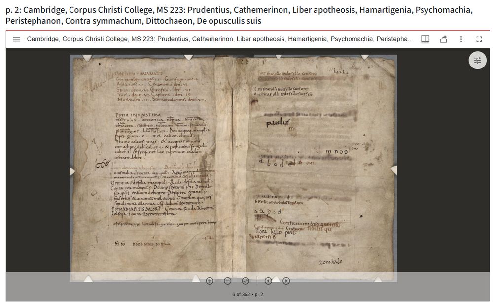 Digital image viewer showing two pages of a medieval manuscript, each side written with various notes in Latin in multiple hands and inks. 
Top of the image shows the manuscript shelfmark and a brief title description of the content of the manuscript.