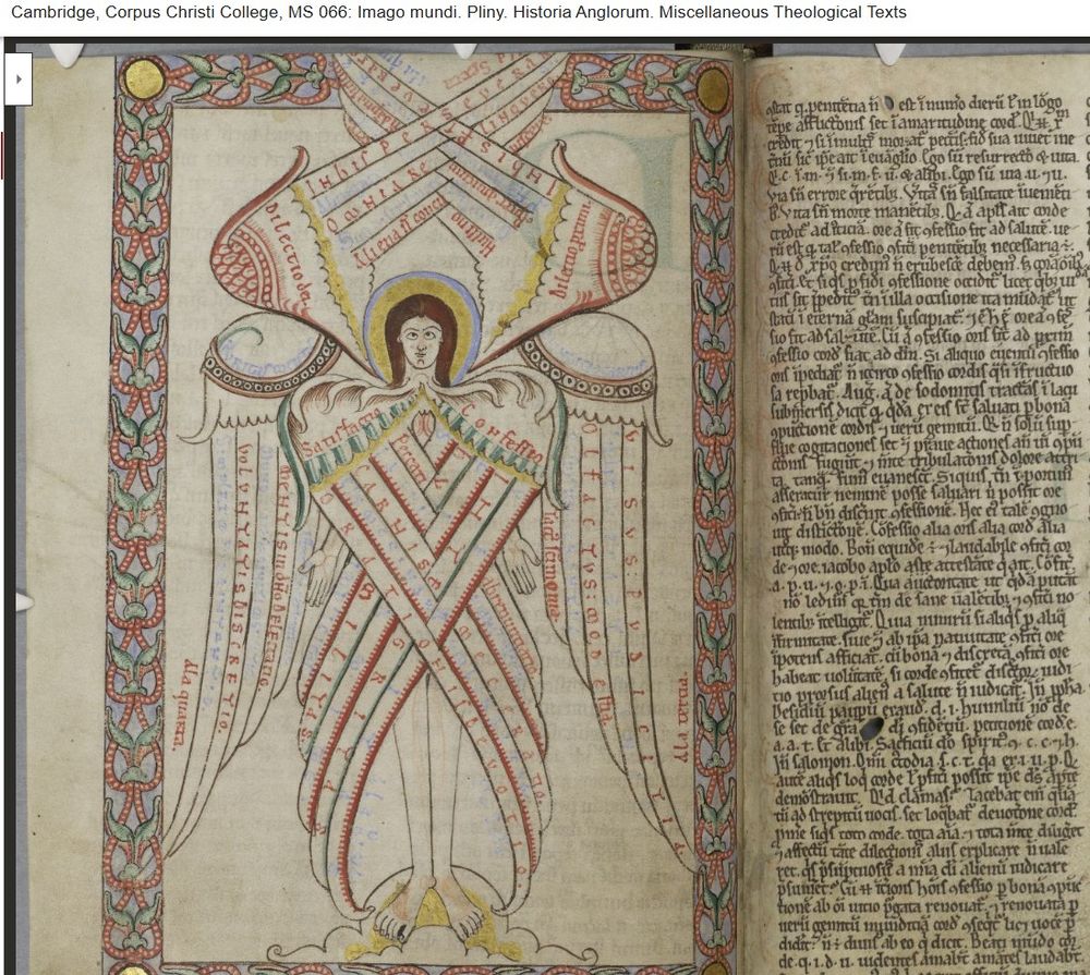 Full page drawing of a memory aid in a form of an angel coloured in red, blue, green, yellow and gold. Six wings marked in Latin as representing love of god, love of neighbour, purity of heart and of flesh, confession, and satisfaction; each wing has in additon five feathers that highlight different aspects of the main theme.
Angel is framed in red and green decorative foliage wtih golden circles in the corners of the frame.
The right edge of this image has one column of text in Latin from the next page.

Image taken from Cambridge, Corpus Christi College MS 66, p. 100
https://parker.stanford.edu/parker/catalog/canvas-939c88d0dd067774e49ce19ba676031b
