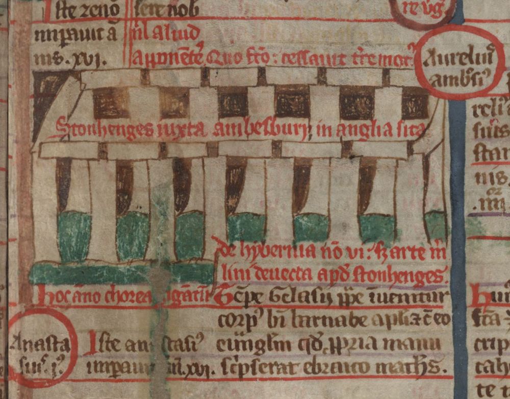 Outline of Stonehenge in brown ink, standing on green ground: drawn with 14 upright and 14 horizontal stones. 
Cambridge, Corpus Christi College MS 194, f. 57r