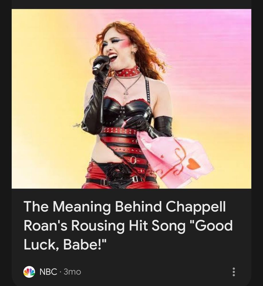 a picture of Chappell Roan singing, wearing a cute red and black outfit with a red studded collar, holding a pink handkerchief with red heart design, against a pink and yellow background. the headline under her from NBC reads: The Meaning Behind Chappell Roan's Rousing Hit Song "Good Luck, Babe!"