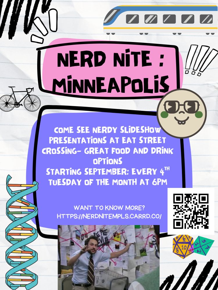 Nerd Nite: Minneapolis
Come see nerdy slideshow presentations at Eat Street Crossing - great food and drink options
Starting September: every 4th Tuesday of the month at 6pm

Want to know more? 
https://nerdnitempls.carrd.co/