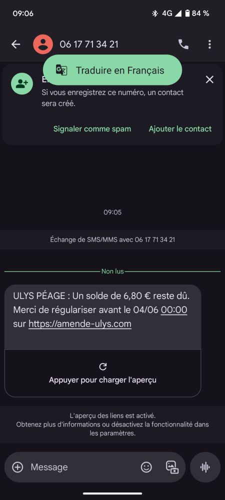 Sms de phishing se faisant passer pour Ulys.