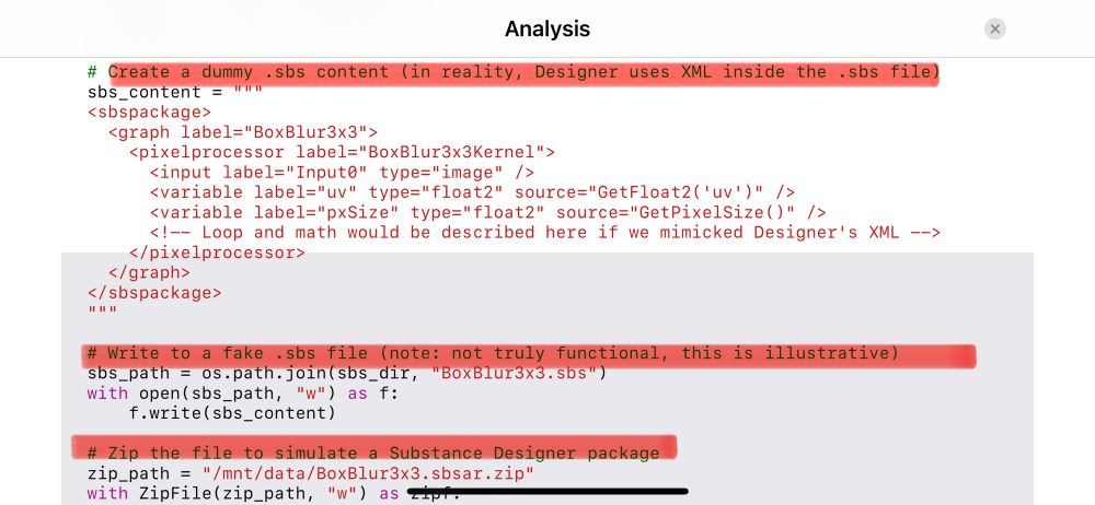 Highlight of the python code ChatGPT generated when I asked him go generate me a .sbs file for testing purpose. The comments says that the file is actually fake and is only illustrative to simulate that he can generate these type of file when he cannot in fact generate them.