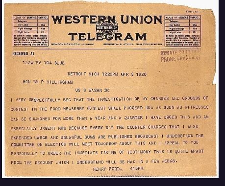 A Western Union Telegram from Ford