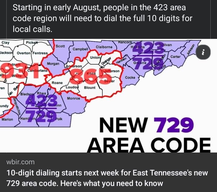 A screenshot of a map showing that the Chattanooga metro area and Tri-Cities metro area are now showing 423 & 729 area codes. In between them is the Knoxville metro area with 865