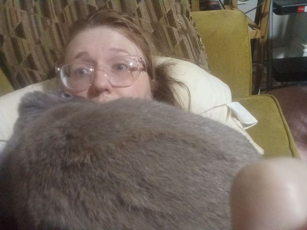 A big bown bunny kissing and covering the face of a pale woman with glasses who is on a couch 