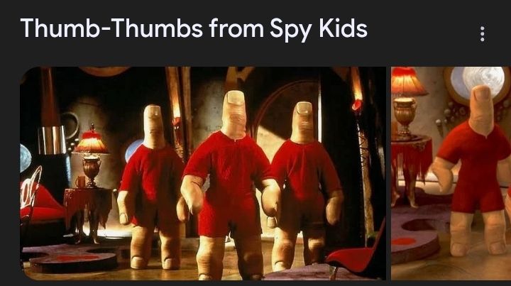 Four men with thumbs for heads and red jumpsuits in a screencap from Spy Kids 