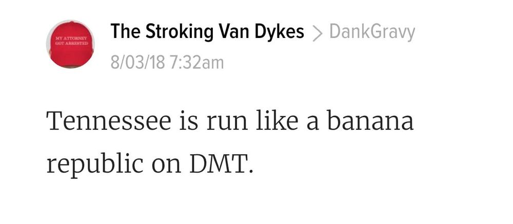 The Stroking Van Dykes > Dank Gravy
8/03/18 7:32am
Tennessee is run like a banana republic on DMT.