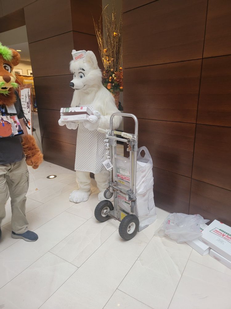 Dunno who this fox was, but they were handing out Krispy Kreme. A white furred figure holding a box with a trolley of extras.