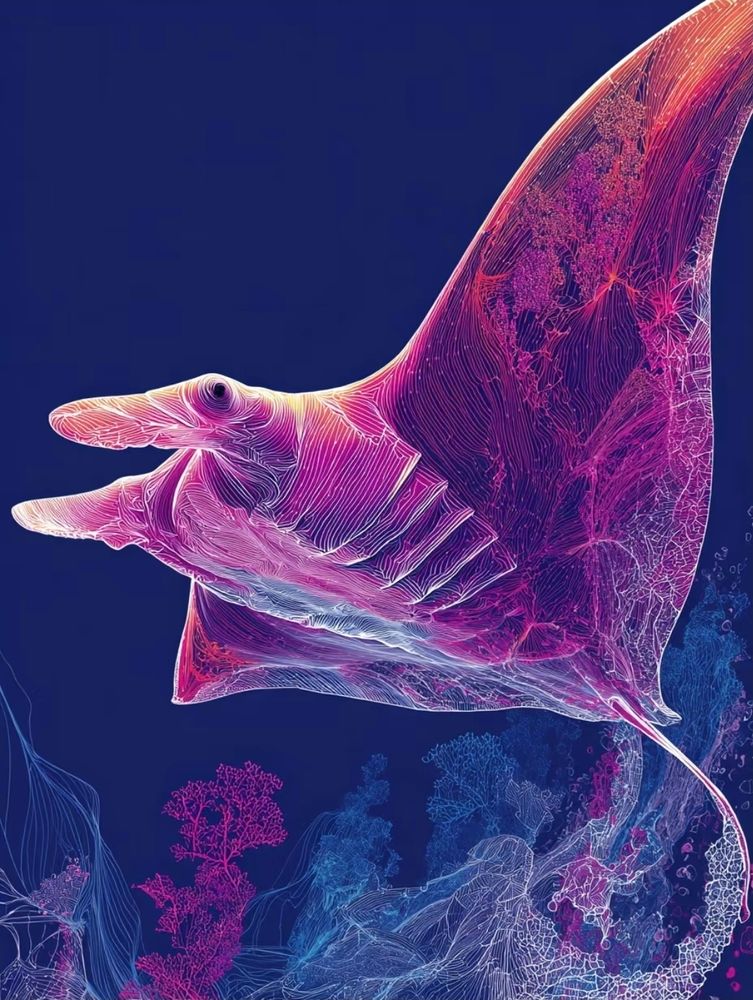 This is my digital artwork depicting a manta ray swimming underwater. The illustration features a stylized, neon wireframe effect, with delicate lines in shades of pink, purple, orange, and white tracing the contours of the manta ray’s body and fins. The background is a deep blue, emphasizing the glowing and intricate textures of the ray. Below the manta ray, there are abstract, wireframe representations of coral or underwater plants in complementary colors, adding depth and a sense of oceanic environment. The overall style is modern, vibrant, and ethereal, blending elements of scientific illustration and digital art with a futuristic, luminous twist.