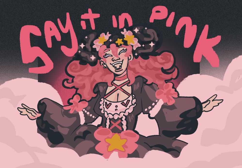 a woman sitting in a pile of clouds, a joyous expression on her face. her dress is ornate and full of pink bows, swirls, and jewelry. the text reads: say it in pink”