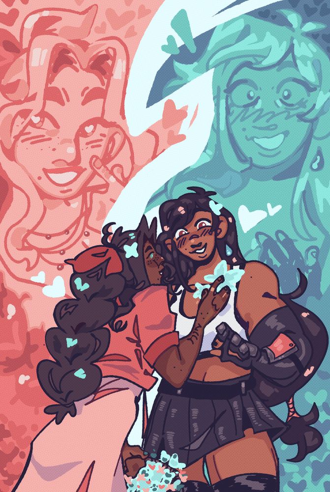 aerith and tifa from final fantasy 7 looking at each other affectionately. they seem to be meeting for the first time, and tifa is starstruck at aerith.