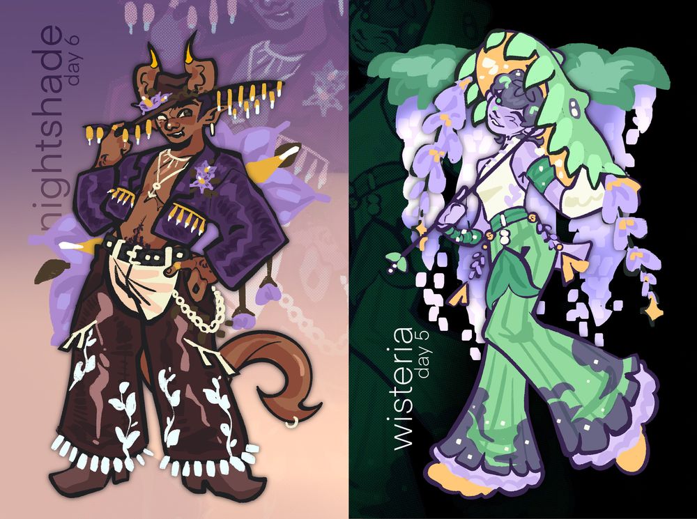 a purple tiefling with short horns and a wide hat that looks like a dinosaur. he is wearing a crop top and long bellbottom pants. a tiefling with curved horns, brown skim, and a scarred eye. they are wearing a large hat with yellow tassels, and a matching top. he has long pants with frayed endings. he is smiling.