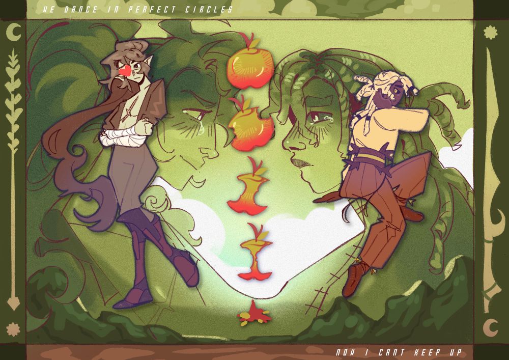 an illustration inspired by tapestry-design, with the two characters’ headshots positioned as two mountains looking at each other. there is a rotting apple cycle in the middle, splitting the page in half.