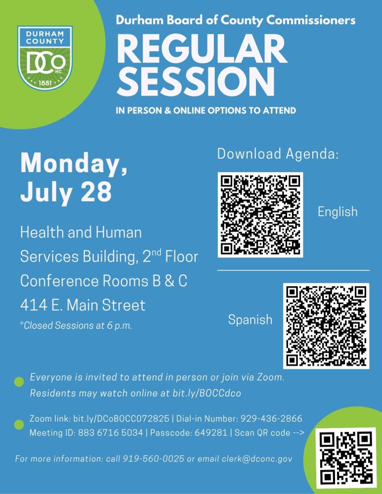 BOCC meeting on Monday, July 28 at Human Services Building, Conference Rooms B & C, 414 E. Main Street. QR codes for downloading the agendas (bit.ly/BOCCdco) and joining meeting via Zoom bit.ly/DCoBOCC072825