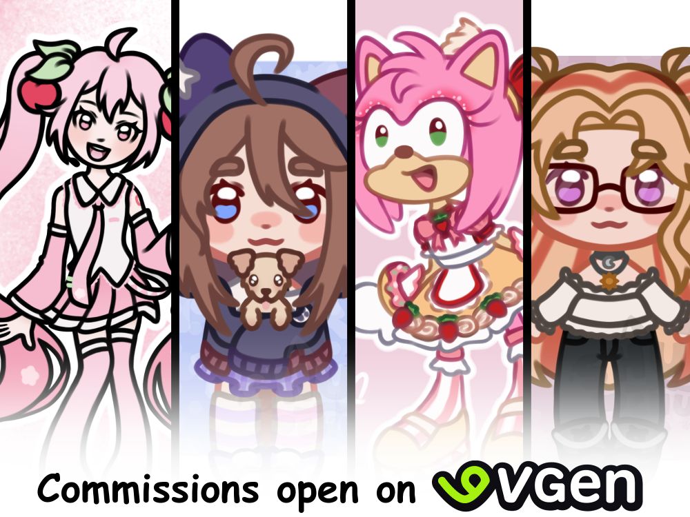 a collage of 4 art pieces together with the text "commissions open on vgen" at the bottom. from left to right is a fullbody art of sakura miku, a chibi model of a catgirl holding a puppy, a fullbody art of dulce amy, and another chibi model of a blonde girl
