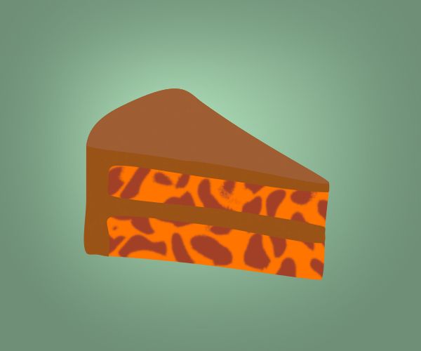 SVG drawing of a slice of scramble-mixed orange and warm brown cake with brown icing, on a muted green background. 