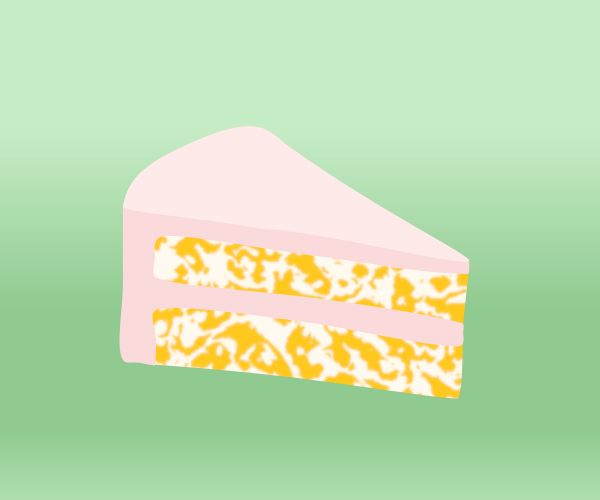 SVG drawing of a slice of scramble-mixed white and yellow-orange cake with white icing, on a light green background. 