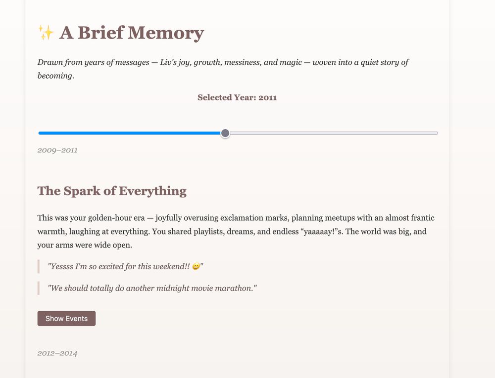 A screenshot of a website that is a timeline of summarized Facebook messages from Liv's past.