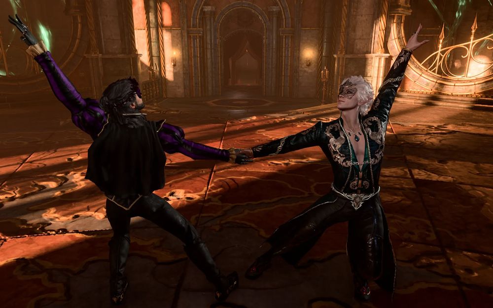 Astarion and Gale dancing together