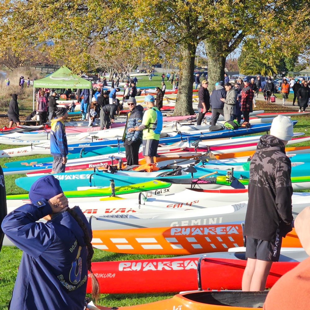 View of multiple waka sitting on the grass near the lake, Rotorua