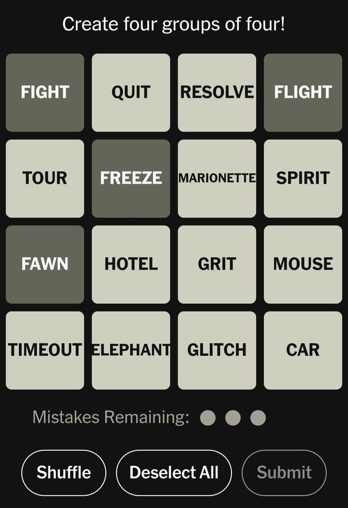 Connections game screen showing the words fight, flight, freeze and fawn are selected and one life has been lost 