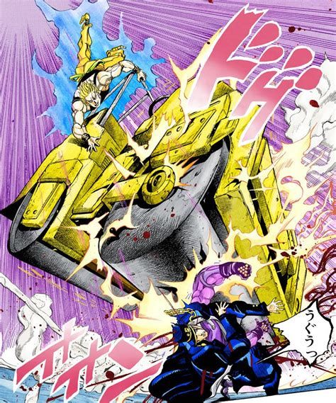 cena de jojo com um rolo compressor sendo jogado contra jotaro