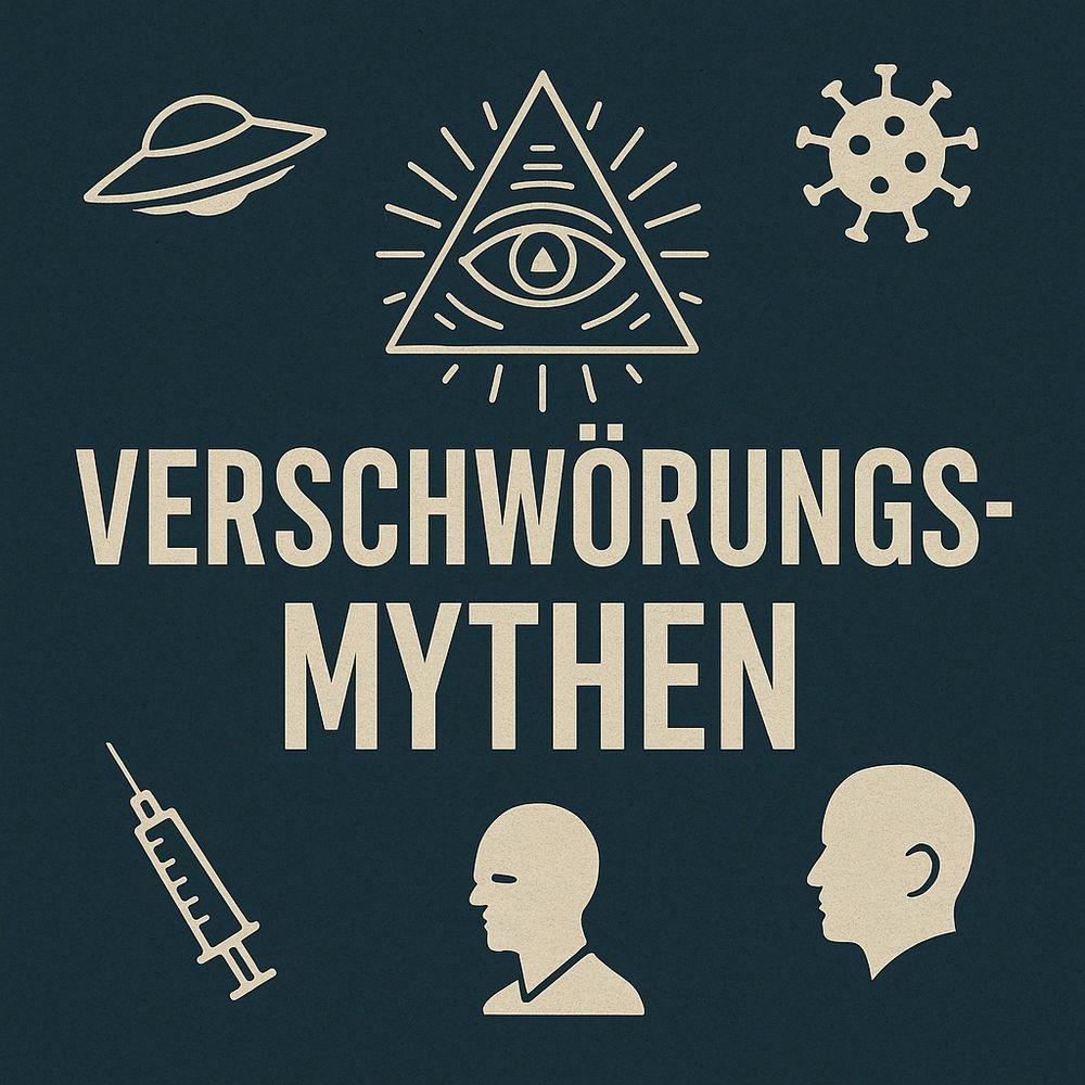 Verschwörungsmythen
Um den Begriff gruppiert: Symbole (UFO, Spritze, Virus, zwei Köpfe…)