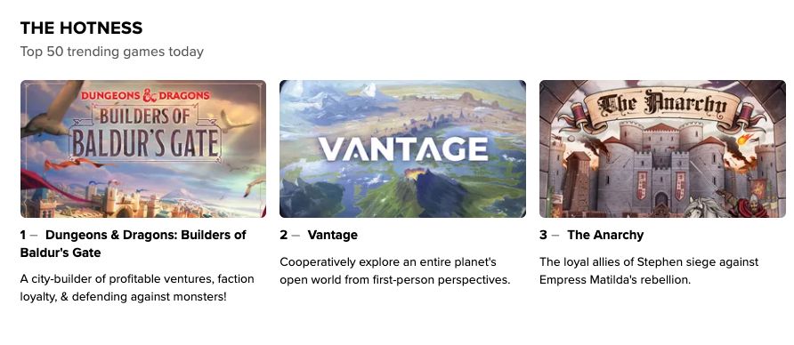 Image of three games in the BGG hotness. At number 1 is Dungeons and Dragons: Builders of Baldur's Gate. At number 2 is Vantage, and at number 3 is The Anarchy.