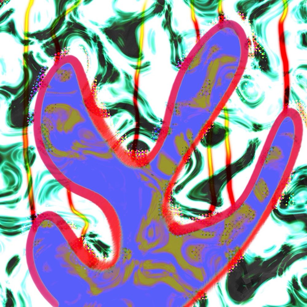 Lines of red and yellow rose from an obscure shape whose translucent skin negates the surrounding swirls.