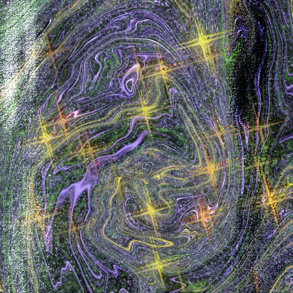 Green and purple meld into each other beneath sparkles of red and yellow that echo through diffusions of dust.