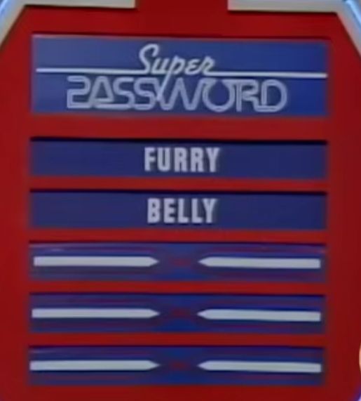 A picture of the board from "Super Password" with the clues "furry" and "belly" revealed