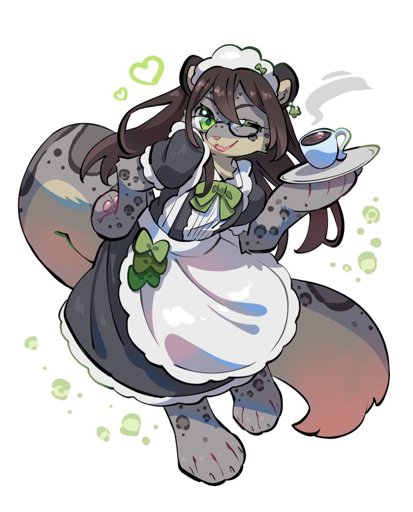 Anthro snow leopard in a maid outfit carrying a small tray with a cup of coffee on it