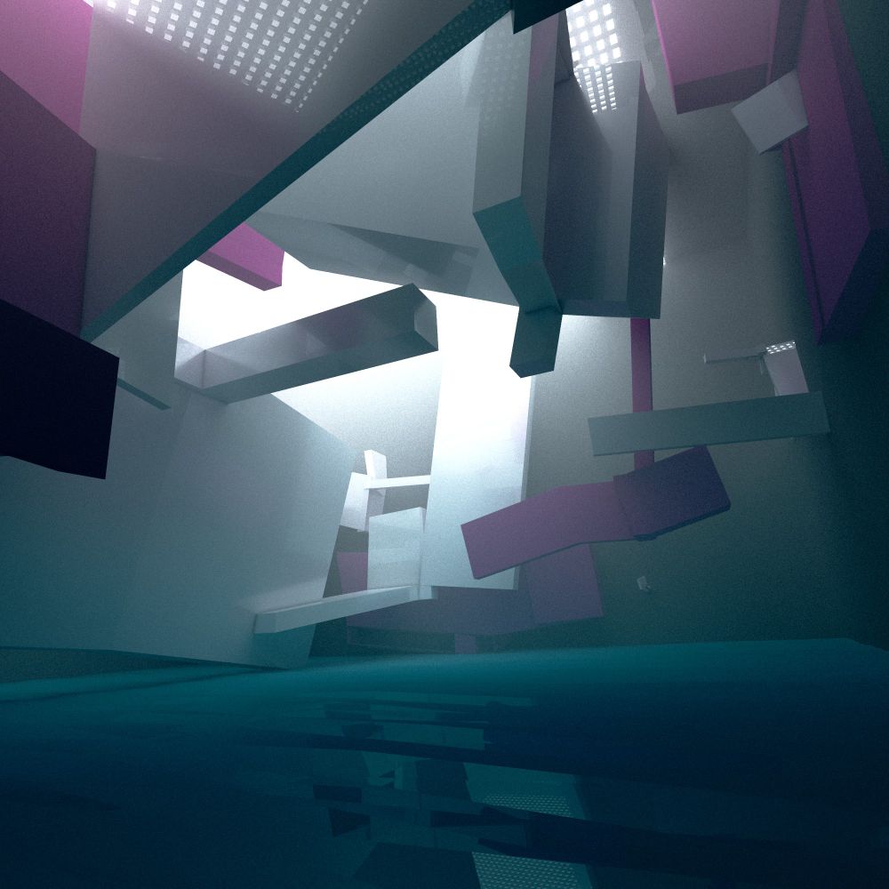 many stretched and distorted boxes in white and magenta in a large open space. light coming in from above and reflective ice/water below