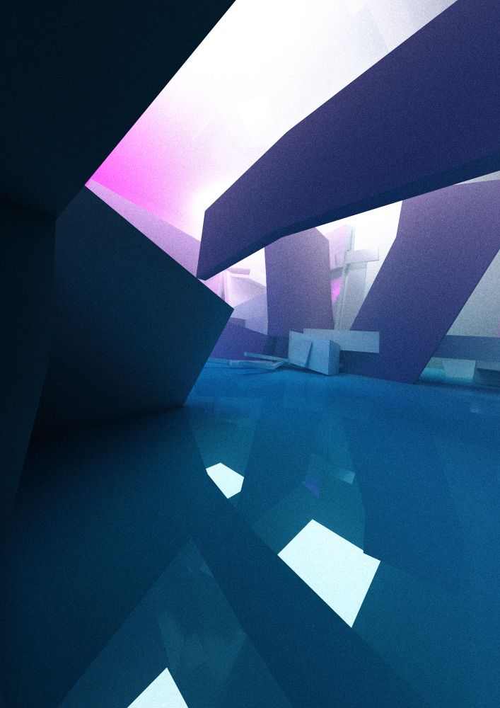 3d render. stylistic/abstract landscape with simple smooth shapes. shiny+reflective cyan floor. hazy light