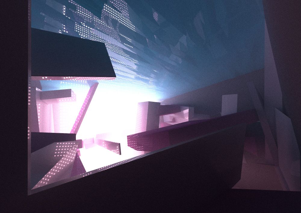 simplistic 3d rendering. distorted white/magenta boxes in an open space. the "ceiling" is fragmented with a reflective surface. bright white volumetric light from the distance in the middle left