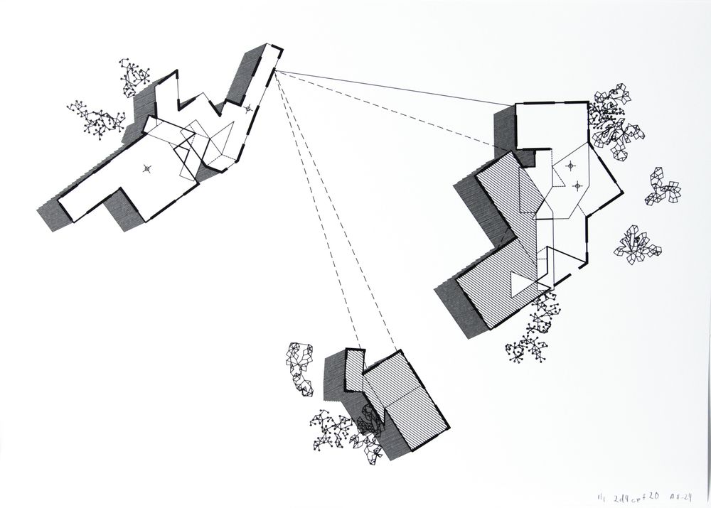 impossible architecture plotter drawing with three generated floor plans in a tight configuration. the floor plans are nonsense