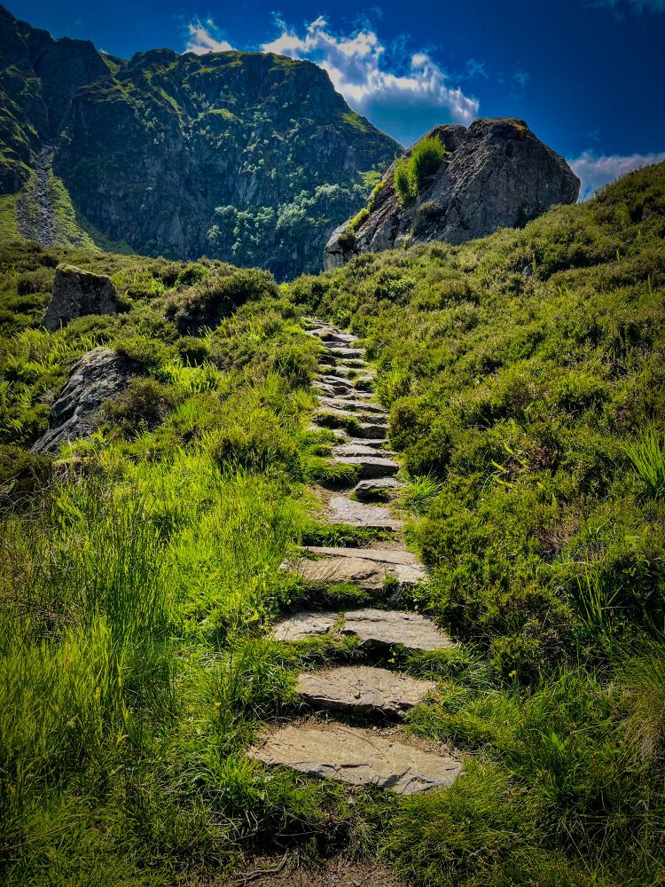 Ein schmaler, unregelmäßig gepflasterter Steinpfad führt durch eine grüne, sonnendurchflutete Berglandschaft bergauf. Links und rechts des Weges wachsen dichtes Gras und Sträucher. Im Hintergrund erheben sich steile, felsige Berge unter einem tiefblauen Himmel mit einigen weißen Wolken.