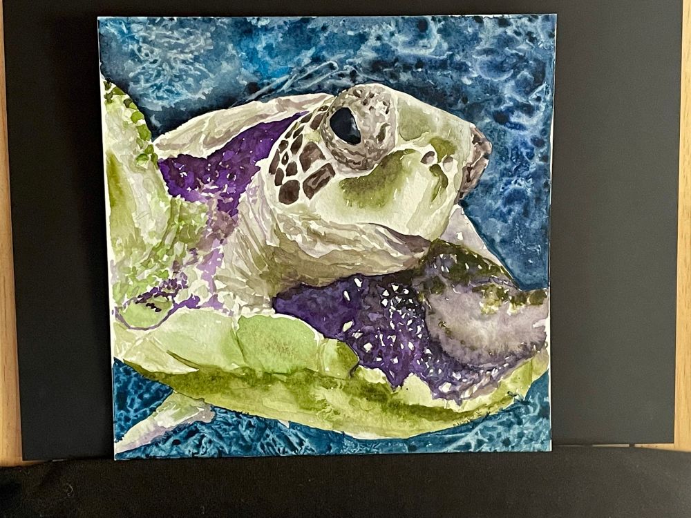 Square watercolor depicting a sea turtle in greens and purples, swimming towards the viewer through a surface water effect. 